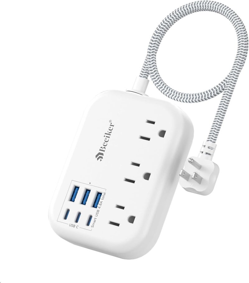 Beeiker Short Extension Cord 1 Ft- 6 USB(3 USB C) Travel Power Strip with 24W USB Charging Station and 3 Outlets, 1Ft Small Flat Plug Extension Cord Surge Protector for Travel Home College Dorm 1625W - Image 1